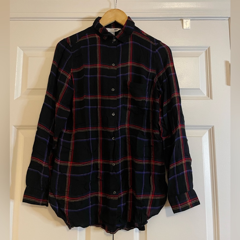Old Navy Women’s Sz S Button Down Boyfriend Black Plaid Lightweight/Soft
